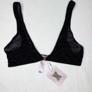 New Savage Fenty Black Logo Mesh Flocked Bralette Womens Medium Sheer Unlined